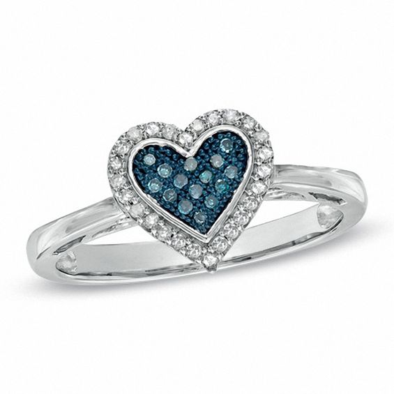 0.13 CT. T.W. Enhanced Blue and White Diamond Frame Heart-Shaped Ring in Sterling Silver