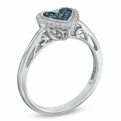 0.13 CT. T.W. Enhanced Blue and White Diamond Frame Heart-Shaped Ring in Sterling Silver