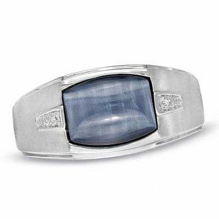 Men's Cushion-Cut Simulated Grey Hawk's Eye and Diamond Accent Ring in 10K White Gold