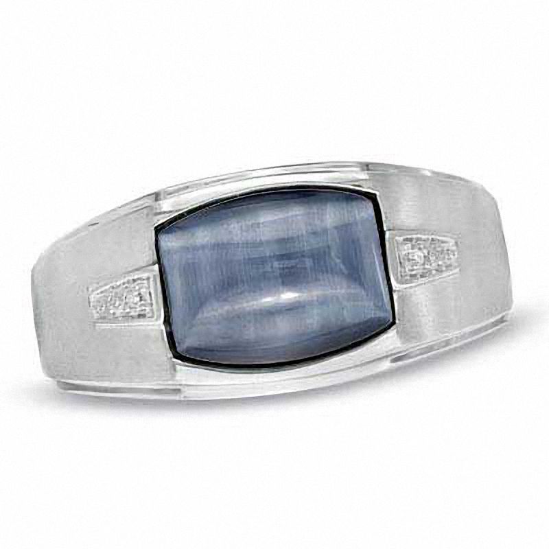 Men's Cushion-Cut Simulated Grey Hawk's Eye and Diamond Accent Ring in 10K White Gold|Peoples Jewellers