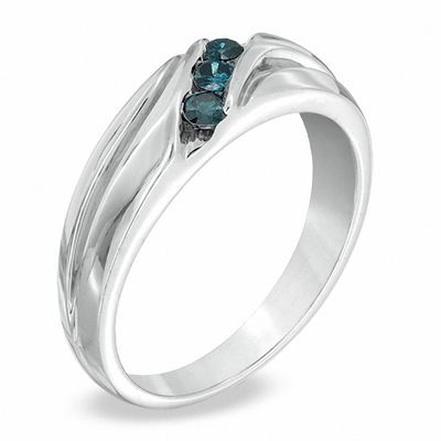 Men's 0.25 CT. T.W. Enhanced Blue Diamond Three Stone Slant Band in Sterling Silver