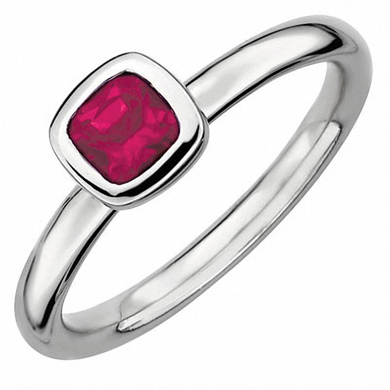 Stackable Expressions™ 5.0mm Cushion-Cut Lab-Created Ruby Ring in Sterling Silver