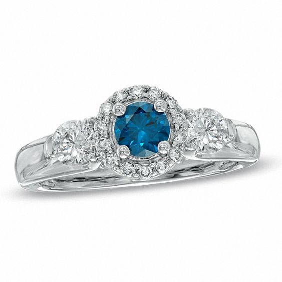 1.00 CT. T.W. Enhanced Blue and White Diamond Three Stone Ring in 14K White Gold