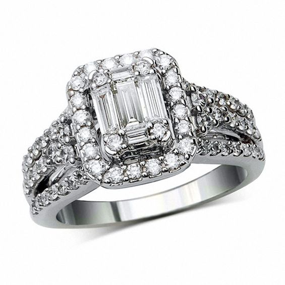 1.25 CT. T.W. Baguette and Round Diamond Frame Engagement Ring in 14K White Gold