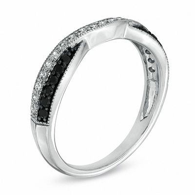 0.33 CT. T.W. Enhanced Black and White Diamond Contour Wedding Band in 14K White Gold