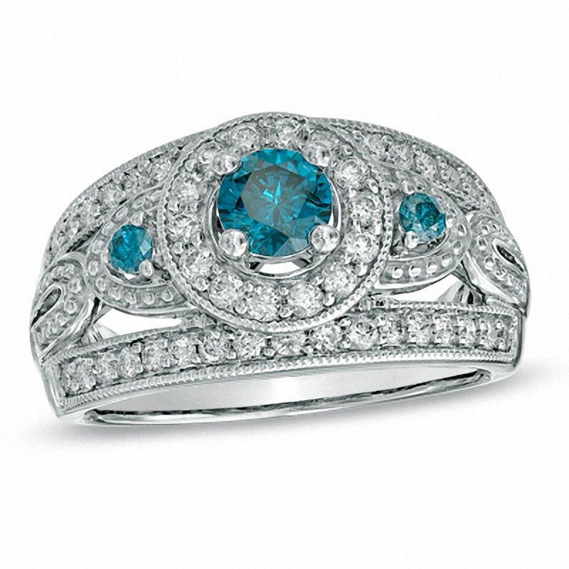 1.00 CT. T.W. Enhanced Blue and White Diamond Vintage-Style Engagement Ring in 14K White Gold