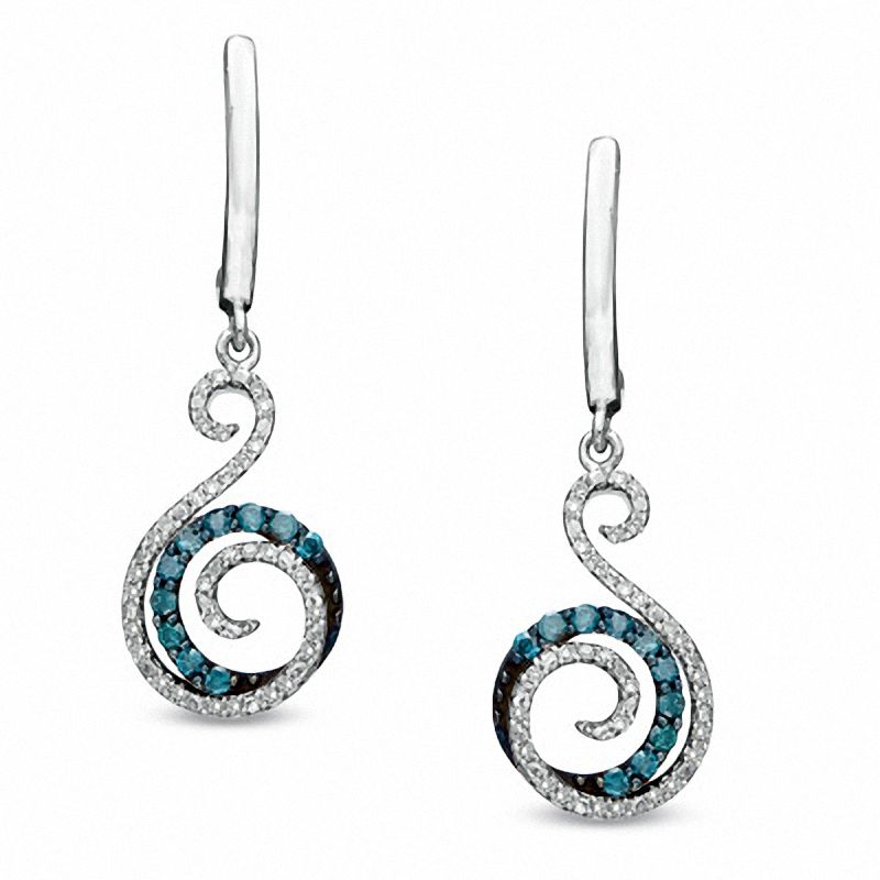 0.33 CT. T.W. Enhanced Blue and White Diamond Swirl Drop Earrings in Sterling Silver