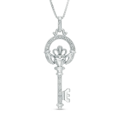 Diamond Accent Claddagh Top Key Pendant in Sterling Silver