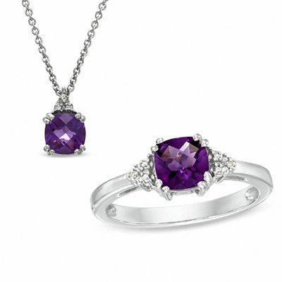 6.0mm Cushion-Cut Amethyst and Diamond Accent Pendant and Ring Set in Sterling Silver - Size 7