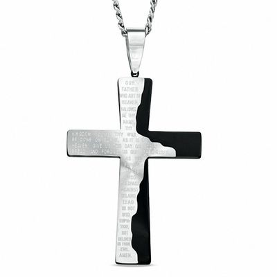 Men's Lord's Prayer Tablet Cross Pendant in Two-Tone Stainless Steel - 24"