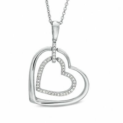 0.09 CT. T.W. Diamond Double Heart Outline Pendant in Sterling Silver