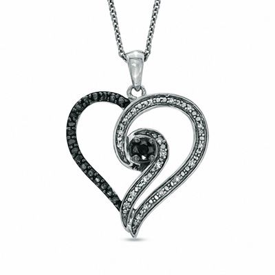 0.20 CT. T.W. Enhanced Black and White Diamond Heart Swirl Pendant in Sterling Silver