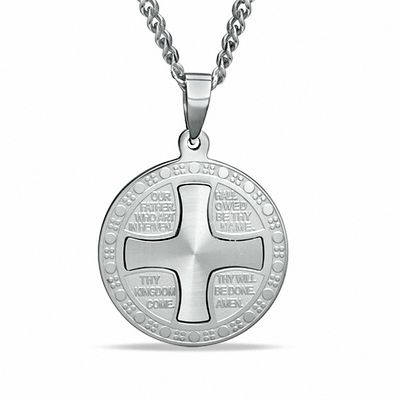 Men's Lord's Prayer Round Cross Pendant in Stainless Steel - 24"