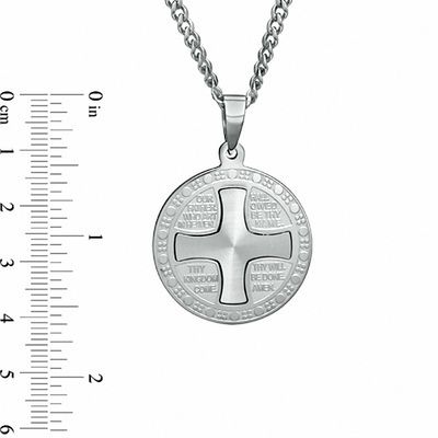 Men's Lord's Prayer Round Cross Pendant in Stainless Steel - 24"