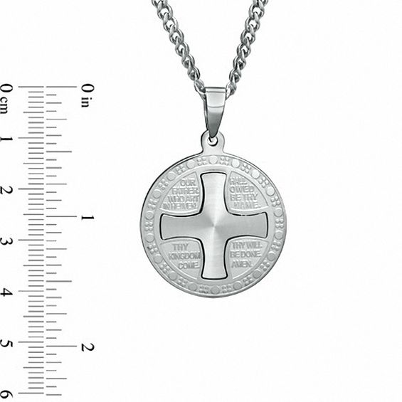 Men's Lord's Prayer Round Cross Pendant in Stainless Steel - 24"