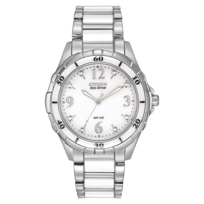 Ladies' Citizen Eco-Drive® Diamond Accent Ceramic Watch with White Dial (Model: EM0030-59A)