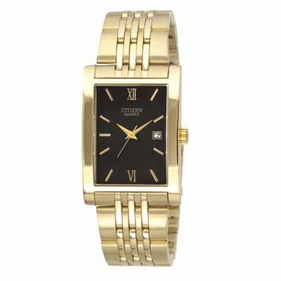 Men's Citizen SL Gold-Tone Watch with Rectangular Black Dial (Model: BH1372-56E)