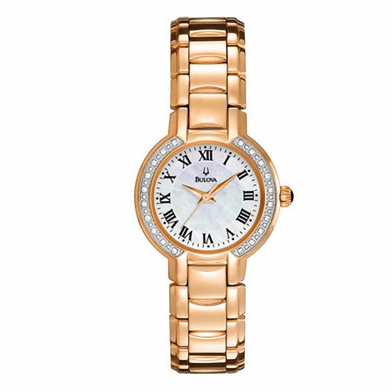 Ladies' Bulova Fairlawn Diamond Accent Rose-Tone Watch with Mother-of-Pearl Dial (Model: 98R156)