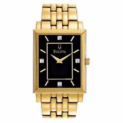 Men's Bulova Diamond Accent Gold-Tone Watch with Black Rectangular Dial (Model: 97D103)