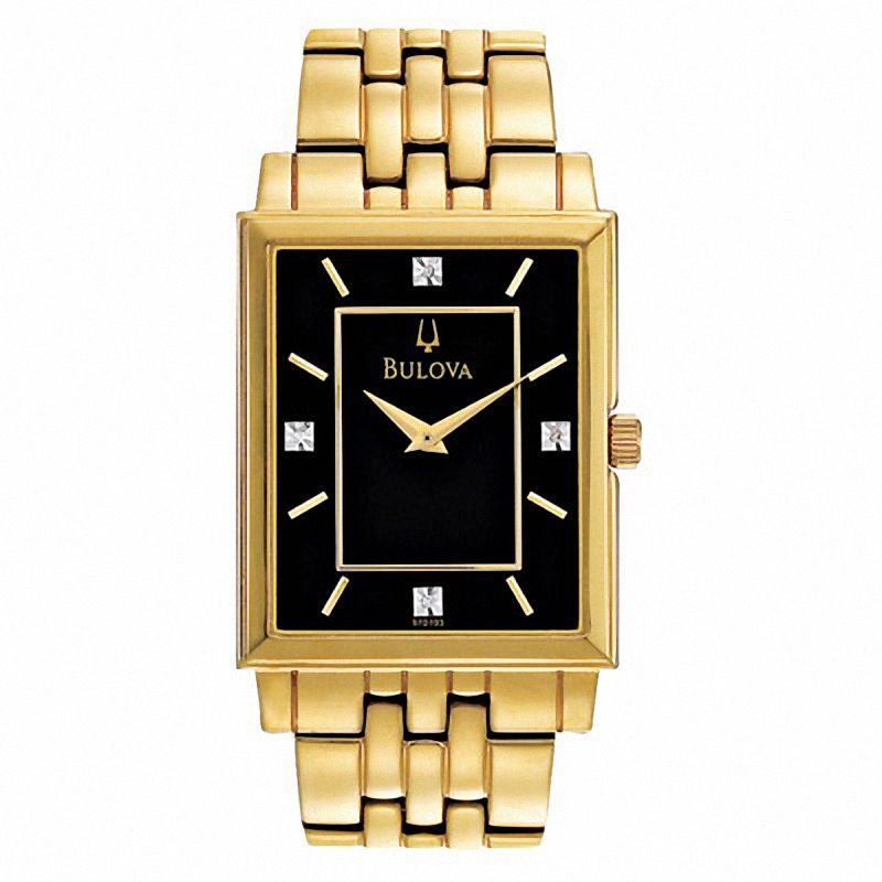 Main Image 1 of Men's Bulova Diamond Accent Gold-Tone Watch with Black Rectangular Dial (Model: 97D103)