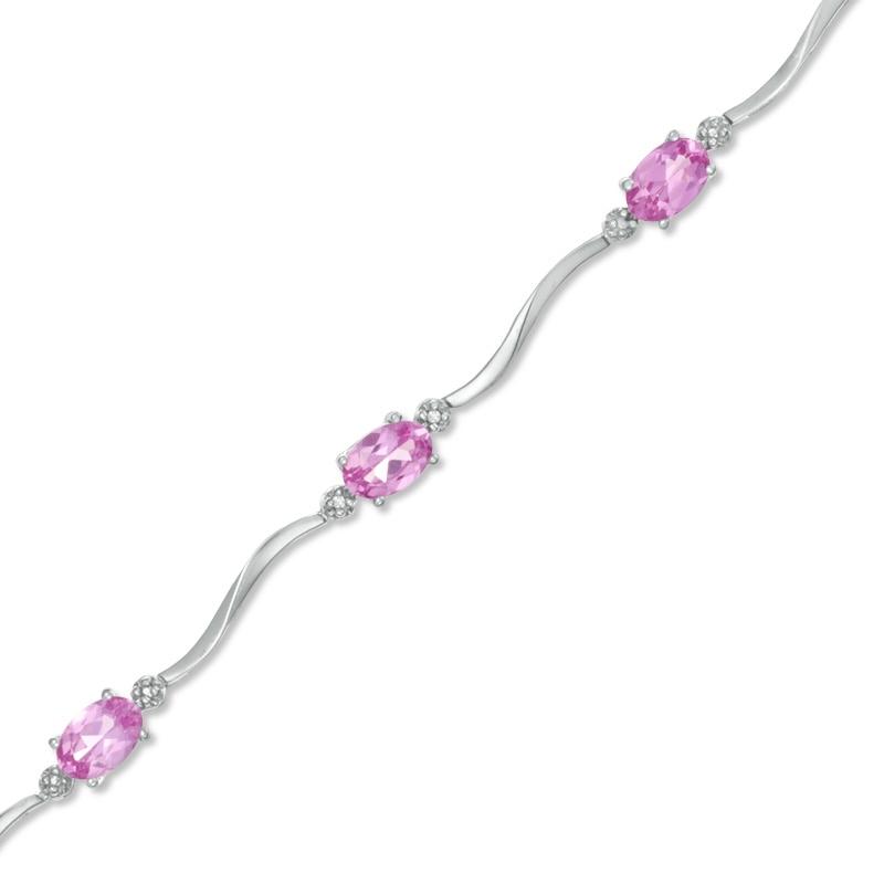 Oval Lab-Created Pink Sapphire and Diamond Accent Bracelet in Sterling Silver - 7.25"|Peoples Jewellers