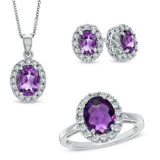 Oval Amethyst and Lab-Created White Sapphire Frame Pendant, Ring and Earrings Set in Sterling Silver - Size 7