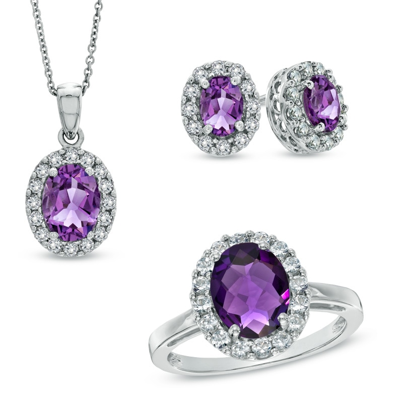 Oval Amethyst and Lab-Created White Sapphire Frame Pendant, Ring and Earrings Set in Sterling Silver - Size 7