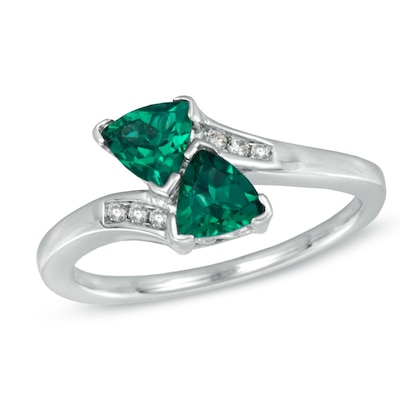 5.0mm Trillion-Cut Lab-Created Emerald and Diamond Accent Bypass Ring in Sterling Silver