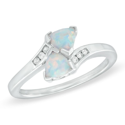 5.0mm Trillion-Cut Lab-Created Opal and Diamond Accent Bypass Ring in Sterling Silver