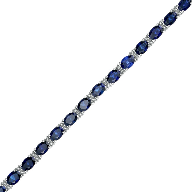 Oval Lab-Created Ceylon Sapphire and Diamond Accent Tennis Bracelet in Sterling Silver - 7.25"|Peoples Jewellers