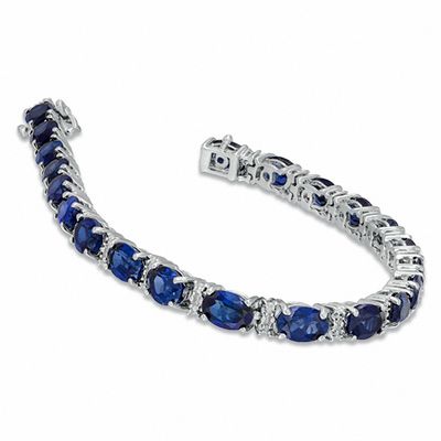 Oval Lab-Created Ceylon Sapphire and Diamond Accent Tennis Bracelet in Sterling Silver - 7.25"