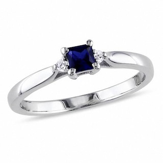 Princess-Cut Blue Lab-Created Sapphire and 0.04 CT. T.W. Diamond Three Stone Promise Ring in Sterling Silver