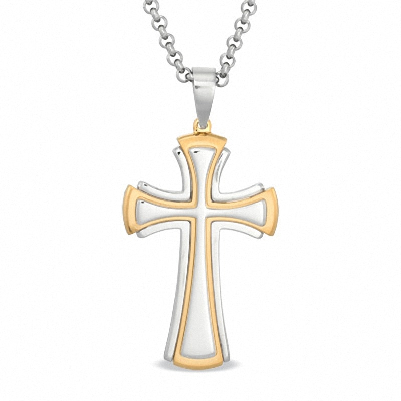 Men's Stacked Cross Pendant in Two-Tone Stainless Steel - 24"