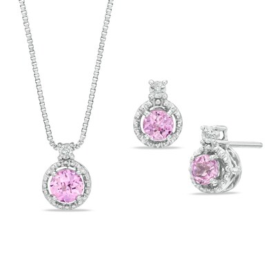 Lab-Created Pink Sapphire and Diamond Accent Pendant and Earrings Set in Sterling Silver