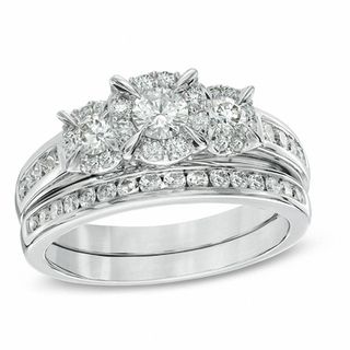 1.00 CT. T.W. Diamond Three Stone Frame Bridal Set in 14K White Gold