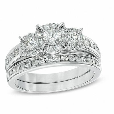 1.00 CT. T.W. Diamond Three Stone Frame Bridal Set in 14K White Gold