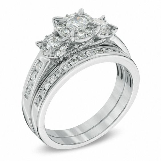 1.00 CT. T.W. Diamond Three Stone Frame Bridal Set in 14K White Gold