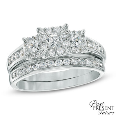 1.00 CT. T.W. Princess-Cut Diamond Past Present Future® Bridal Set in 14K White Gold