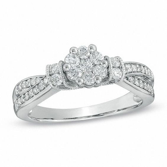 0.50 CT. T.W. Diamond Cluster Vintage-Style Engagement Ring in 10K White Gold