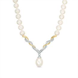 Freshwater Cultured Pearl and 0.09 CT. T.W. Diamond Necklace in Sterling Silver and 14K Gold-17&quot;