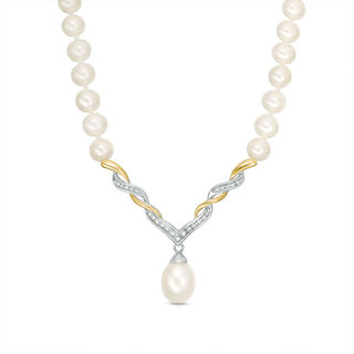 Freshwater Cultured Pearl and 0.09 CT. T.W. Diamond Necklace in Sterling Silver and 14K Gold-17"