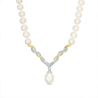 Freshwater Cultured Pearl and 0.09 CT. T.W. Diamond Necklace in Sterling Silver and 14K Gold-17"