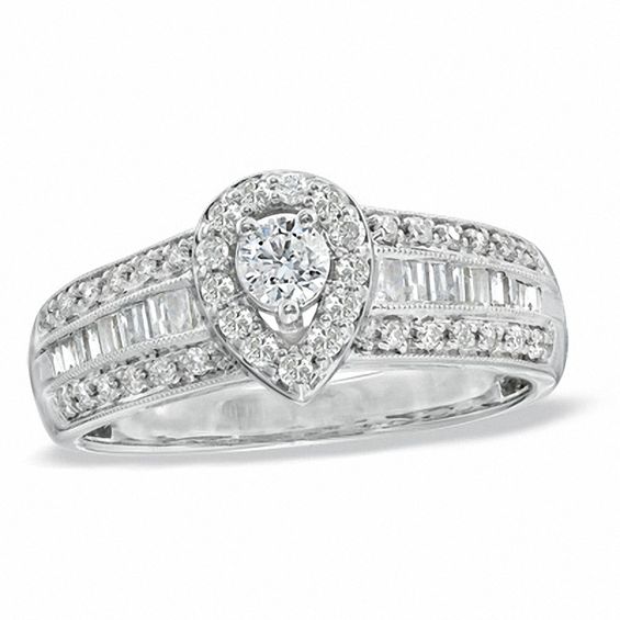 0.62 CT. T.W. Diamond Vintage-Style Pear Frame Engagement Ring in 14K White Gold