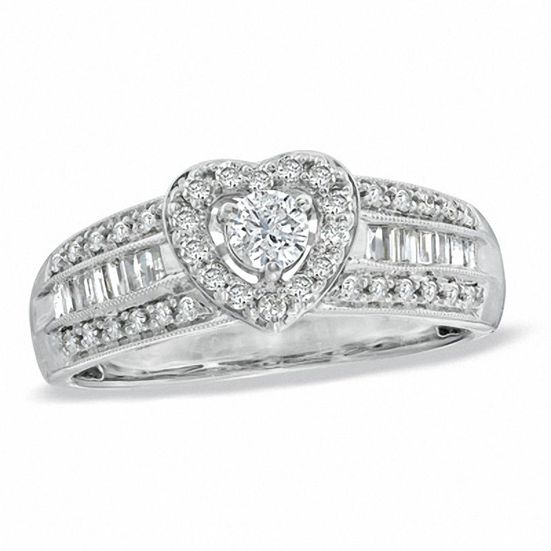 0.62 CT. T.W. Diamond Vintage-Style Heart Frame Engagement Ring in 14K White Gold