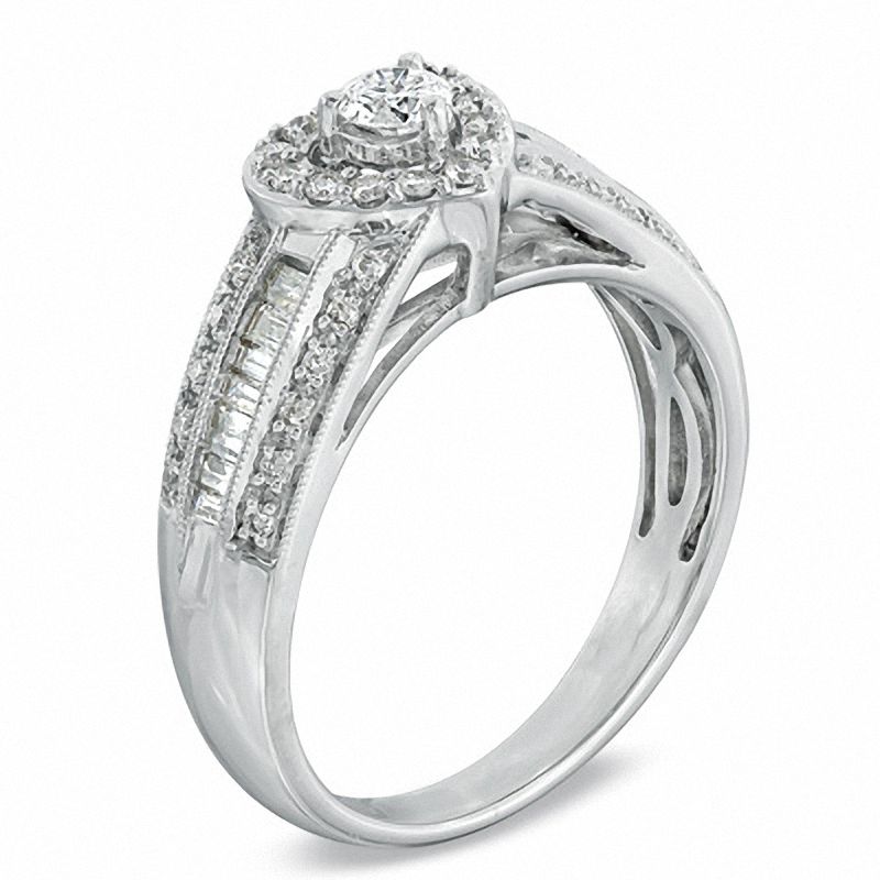 0.62 CT. T.W. Diamond Vintage-Style Heart Frame Engagement Ring in 14K White Gold