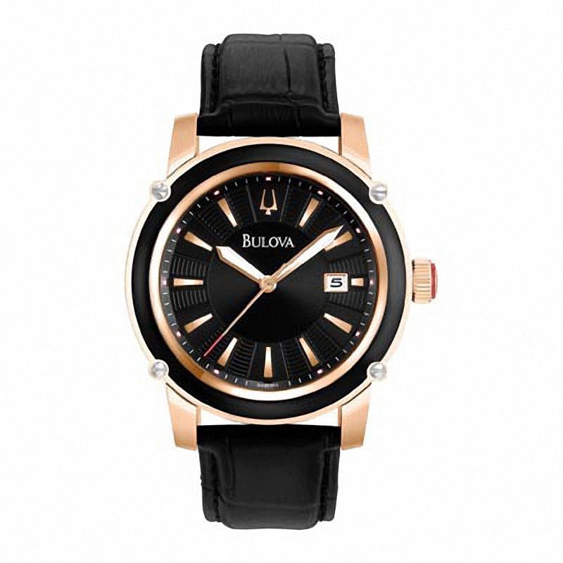 Men's Bulova Rose-Tone Strap Watch with Black Dial (Model: 98B161)