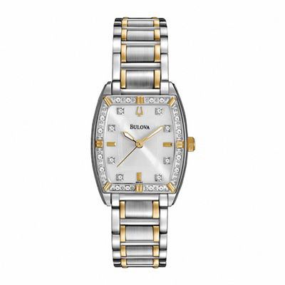 Ladies' Bulova Diamond Accent Two-Tone Stainless Steel Watch with Tonneau Mother-of-Pearl Dial (Model: 98R159)