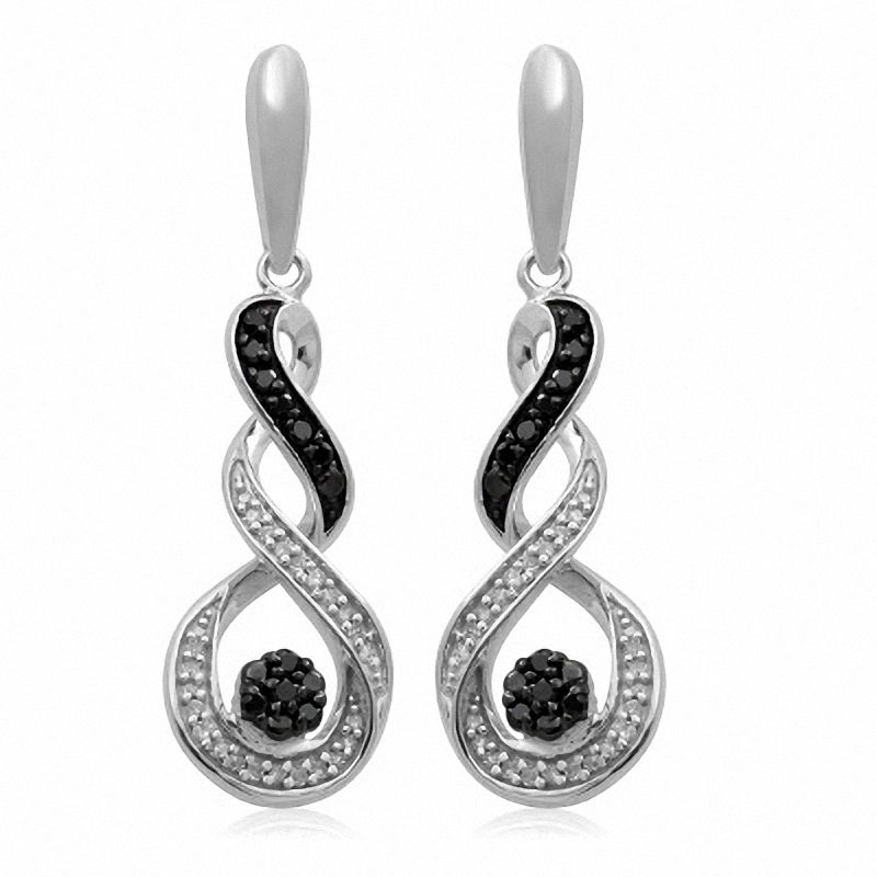 0.33 CT. T.W. Enhanced Black and White Diamond Cluster Swirl Drop Earrings in Sterling Silver|Peoples Jewellers