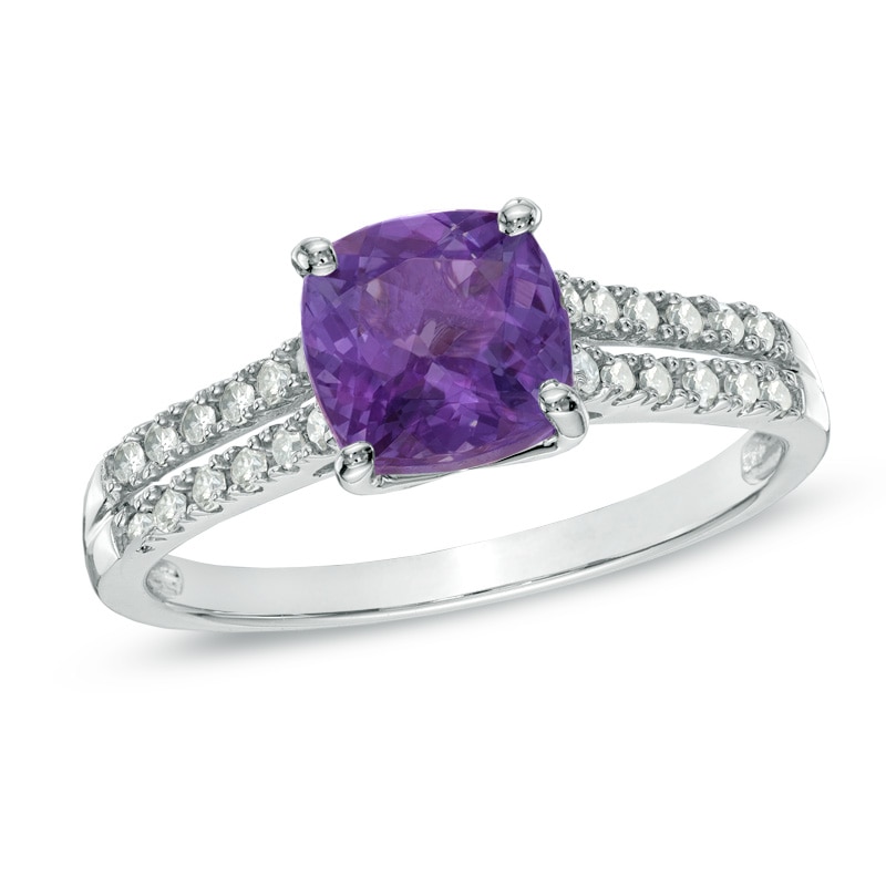 9.0mm Cushion-Cut Amethyst and Lab-Created White Sapphire Ring in Sterling Silver