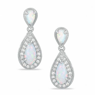 Pear-Shaped Lab-Created Opal and White Sapphire Drop Earrings in Sterling Silver